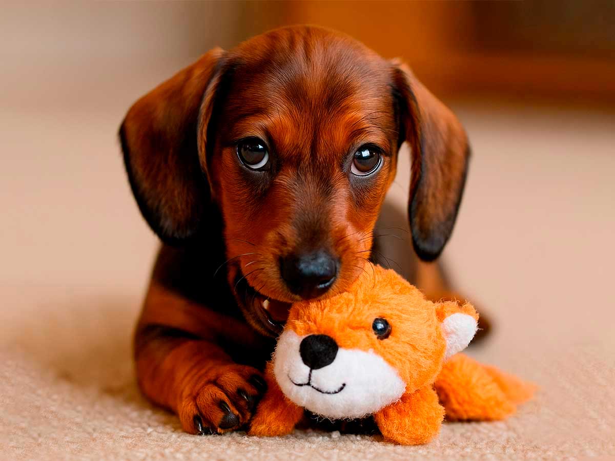 filhote de cão mordendo brinquedo